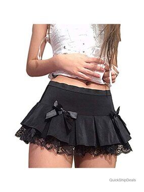 Lace Patchwork Mini Pleated Skirt High Waist Lace Up Ruffle Short Skirt Goth Y2K